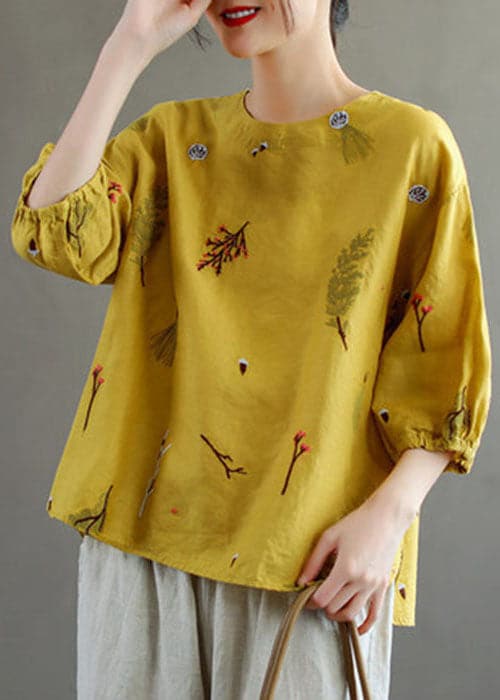 Beautiful Yellow O-Neck Embroideried Linen Tank Top Lantern Sleeve GK-HTP220804