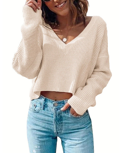 zeagoo women long sleeve tops waffle knit shirts fashion cropped top casual v neck t shirts