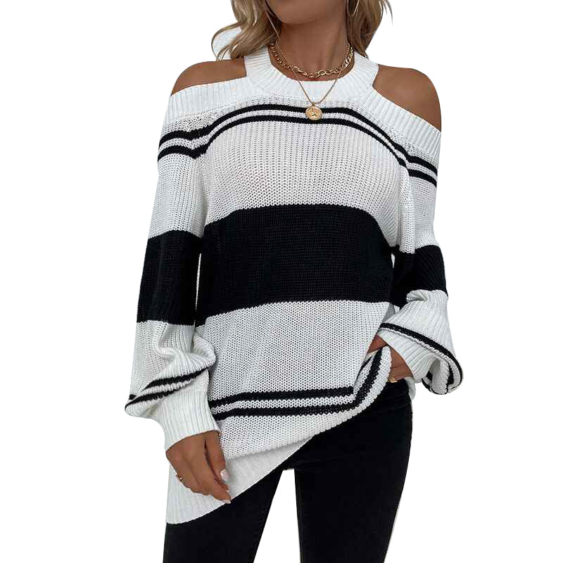     Navy-Blue-Sweaters-for-Women-Halter-Cold-Shoulder-Color-Block-Criss-Cross-V-Back-Chunky-Knit-Pullover-Jumper-Tops-Tunics-K270