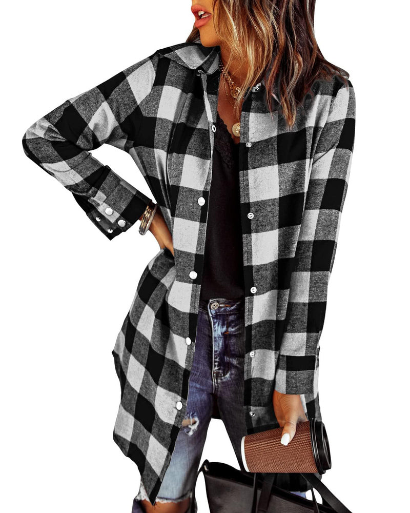 zeagoo womens shacket jacket 2023 fashion long sleeve flannel shirt plaid button down blouse coats top with pockets