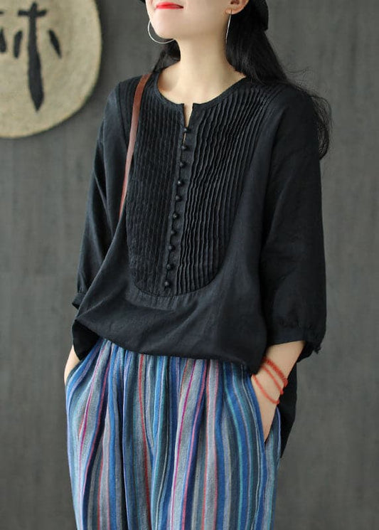 Black Oversized Linen Tank O-Neck Wrinkled Oriental Button Short Sleeve GK-HTP220815