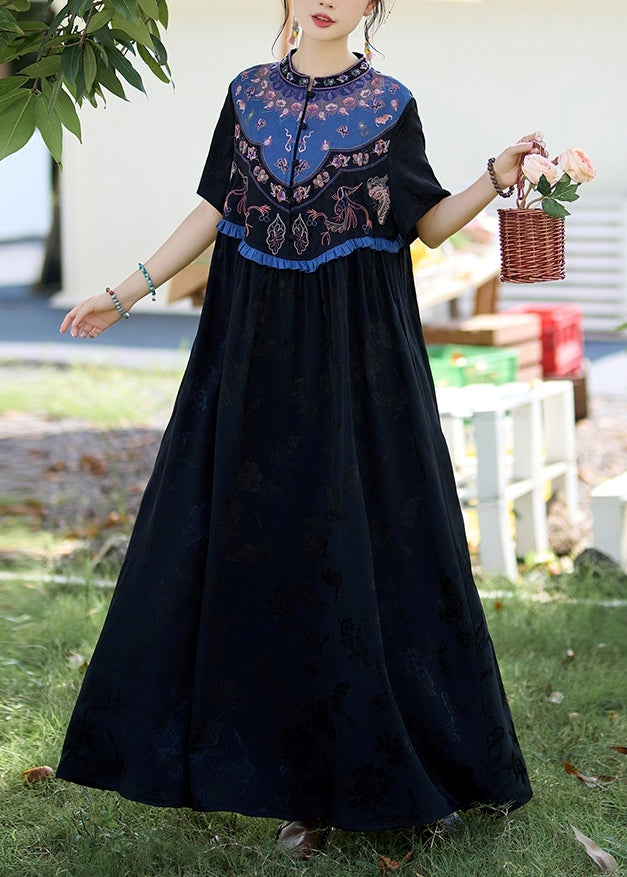 Black Patchwork Silk Long Dress Ruffled Jacquard Stand Collar Summer WW1019 Ada Fashion