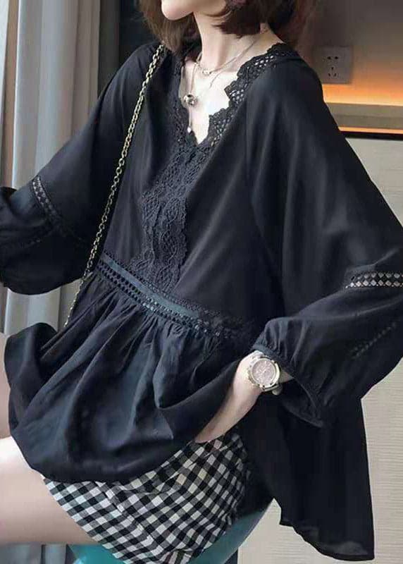 Black V Neck Hollow Out Lace Top Long Sleeve gk-LTP220722