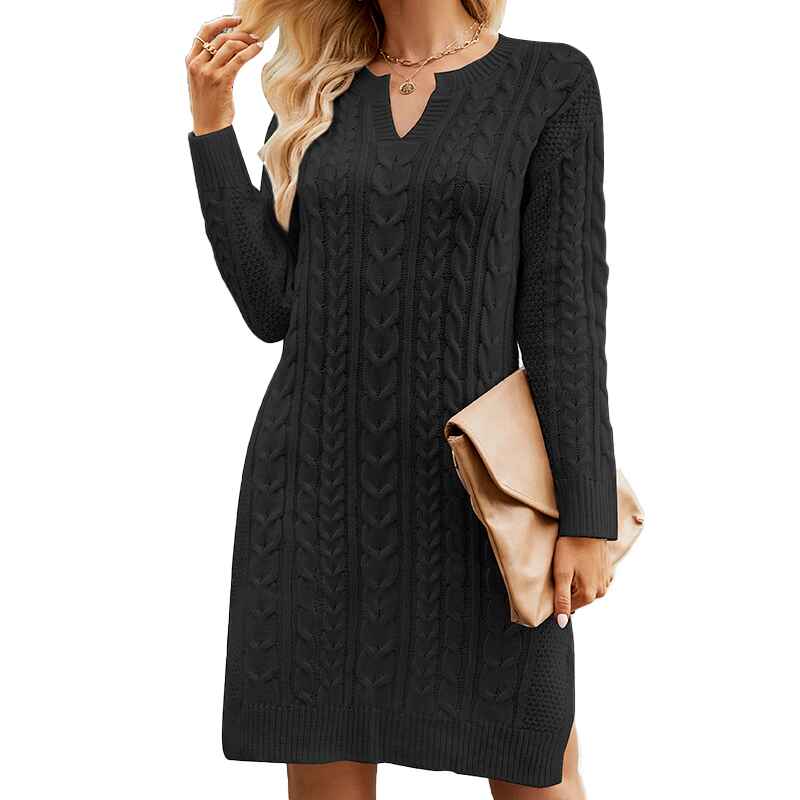 White-Women-Casual-V-Neck-Knitted-Sweater-Dress-Long-Sleeve-Loose-Solid-Color-Hem-Slit-Sweater-Dresses-K577