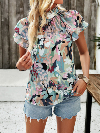 Blouses- Summer Floral Print Stand Collared Blouse - Short Layers & Frills Top- - Pekosa Women Clothing