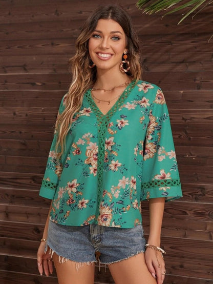 Blouses- Women's Floral Bell Sleeve Lace V-Neck Blouse Top- - Pekosa Women Clothing