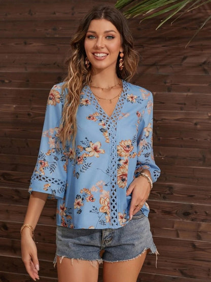 Blouses- Women's Floral Bell Sleeve Lace V-Neck Blouse Top- - Pekosa Women Clothing