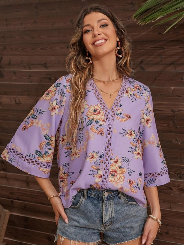 Blouses- Women's Floral Bell Sleeve Lace V-Neck Blouse Top- - Pekosa Women Clothing