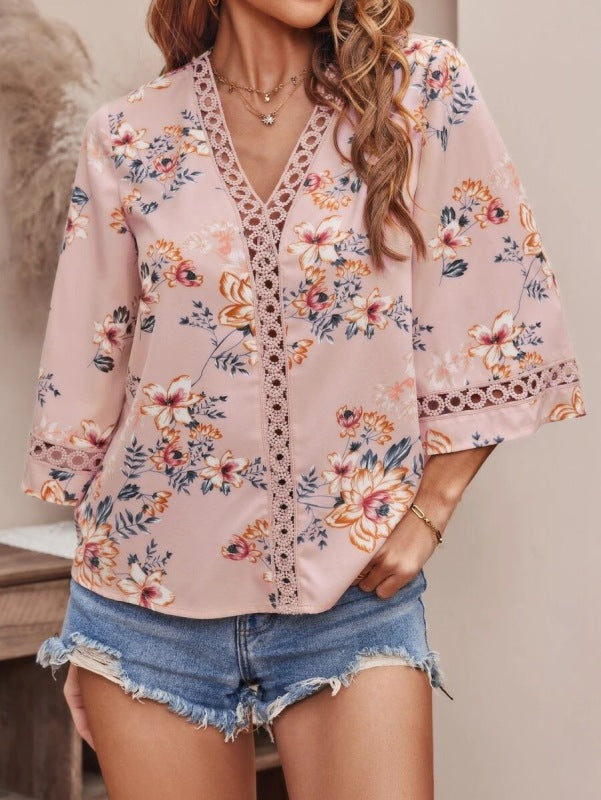 Blouses- Women's Floral Bell Sleeve Lace V-Neck Blouse Top- - Pekosa Women Clothing