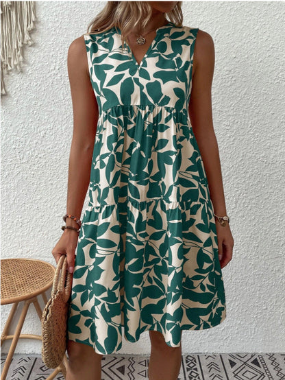 Bohemian Dresses Summer Beach Fashion Loose V-neck Pleated Print Sleeveless Dress For Women