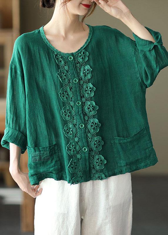 Bohemian Green Retro O-Neck Button Fall Shirt Tops Long Sleeve - SooLinen