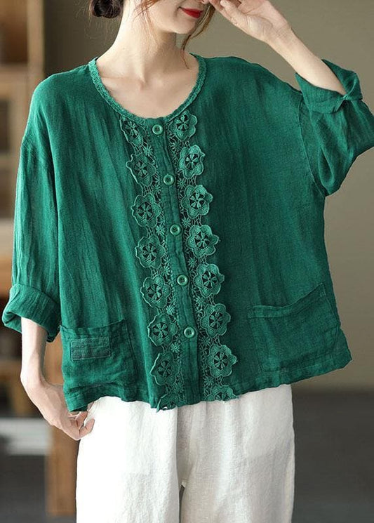 Bohemian Green Retro O-Neck Button Fall Shirt Tops Long Sleeve GK-LTP210810