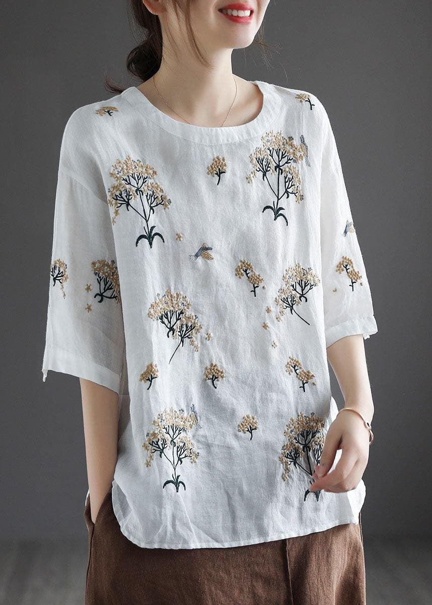 Bohemian White O-Neck Embroideried Floral Summer Linen Tops Half Sleeve GK-HTP210721