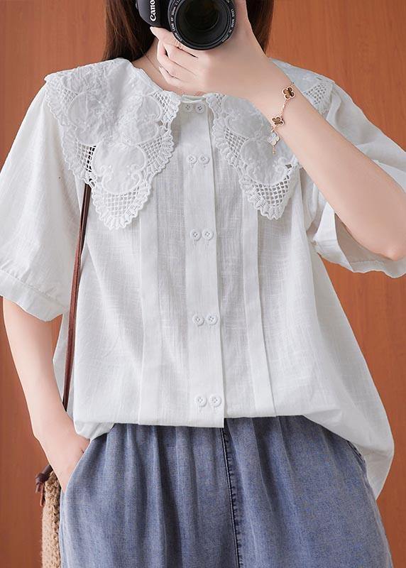 Bohemian White Peter Pan Collar Button Cotton Linen Tops Summer - SooLinen