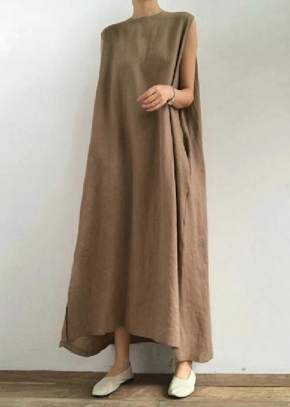 Zela® | Bohemian O Neck Side Open Leinen Baumwollstoffe Khaki Kleid