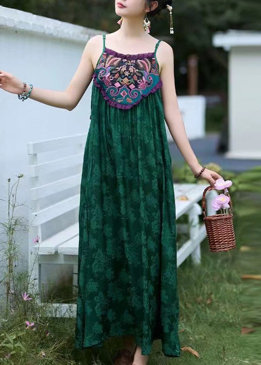 Boho Green Embroidered Jacquard Silk Spaghetti Strap Dress Sleeveless WW1015 Ada Fashion