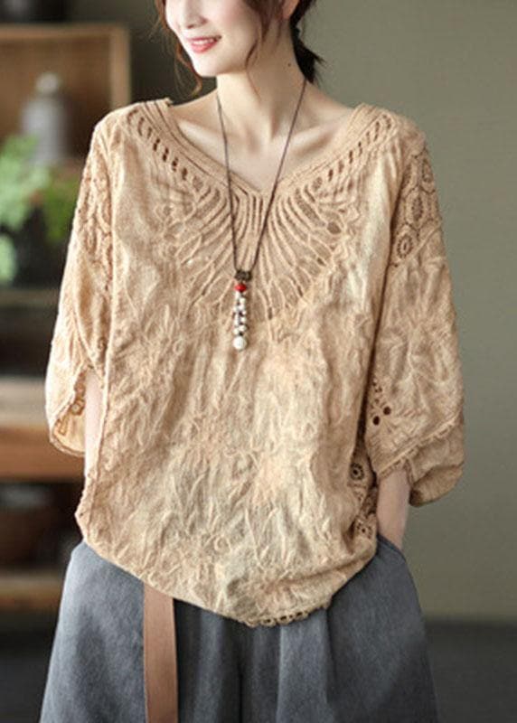 Boho Khaki Cotton V Neck Embroideried Hollow Out Summer Blouses GK-HTP210720