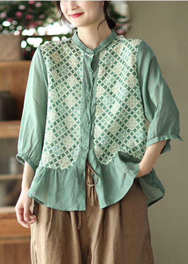 Boutique Green Ruffles Peter Pan Collar Linen Tops Three Quarter sleeve gk-LTP220503