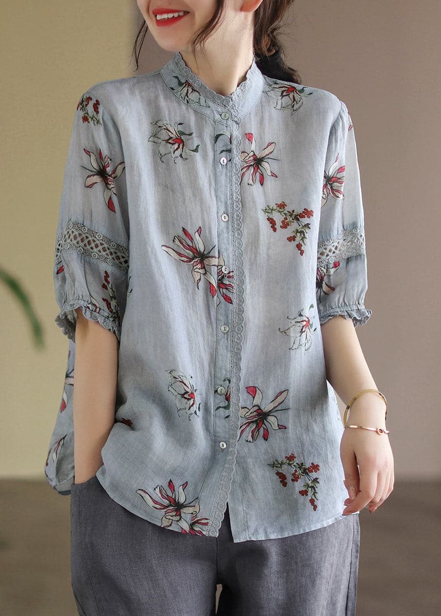 Boutique Grey Stand Collar Print Linen Shirt Tops Half Sleeve GK-HTP220516