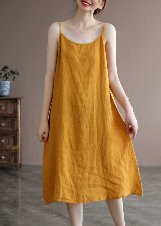 Brief Yellow Slash Neck Spaghetti Strap Solid Dress Sleeveless GK-SDL220422