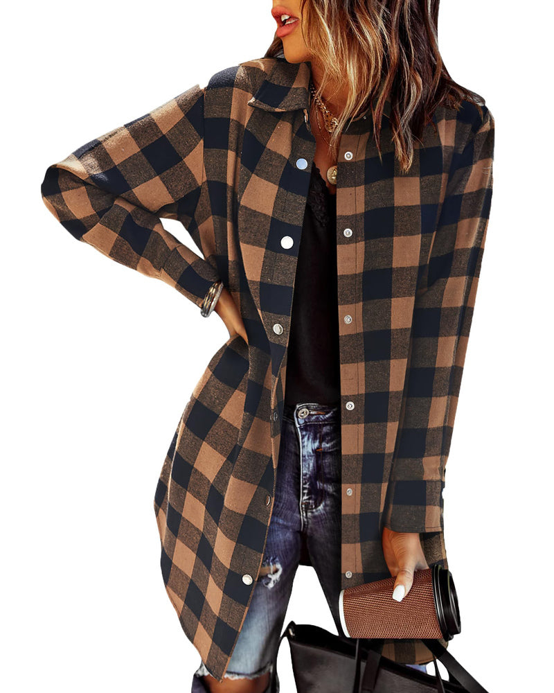 zeagoo womens shacket jacket 2023 fashion long sleeve flannel shirt plaid button down blouse coats top with pockets