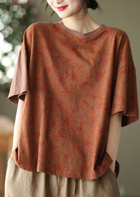 Brown Print Cotton Tanks O-Neck Asymmetrical Batwing Sleeve GK-STP220523