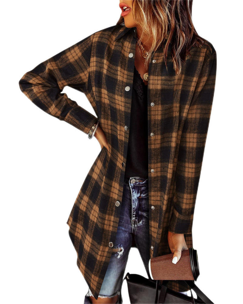 zeagoo womens shacket jacket 2023 fashion long sleeve flannel shirt plaid button down blouse coats top with pockets