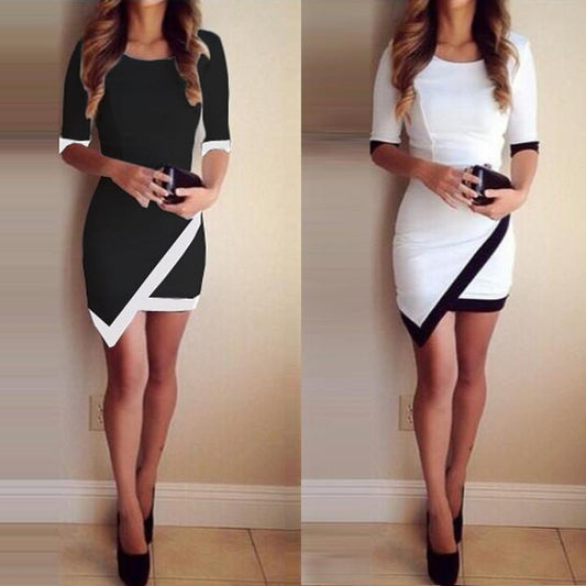 Asymmetric Patchwork Half Sleeve Bodycon Pencil Short Dress - MeetYoursFashion - 1