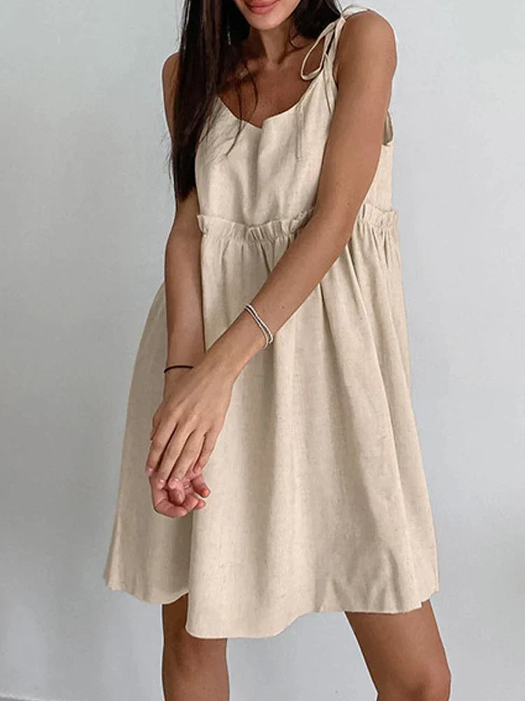 Cami Dresses- Solid Tie-Shoulder Sundress - Sleeveless Cotton-Linen Tunic Dress- - Pekosa Women Fashion