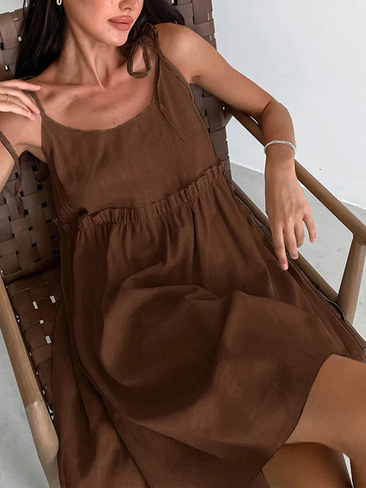 Cami Dresses- Solid Tie-Shoulder Sundress - Sleeveless Cotton-Linen Tunic Dress- - Pekosa Women Fashion