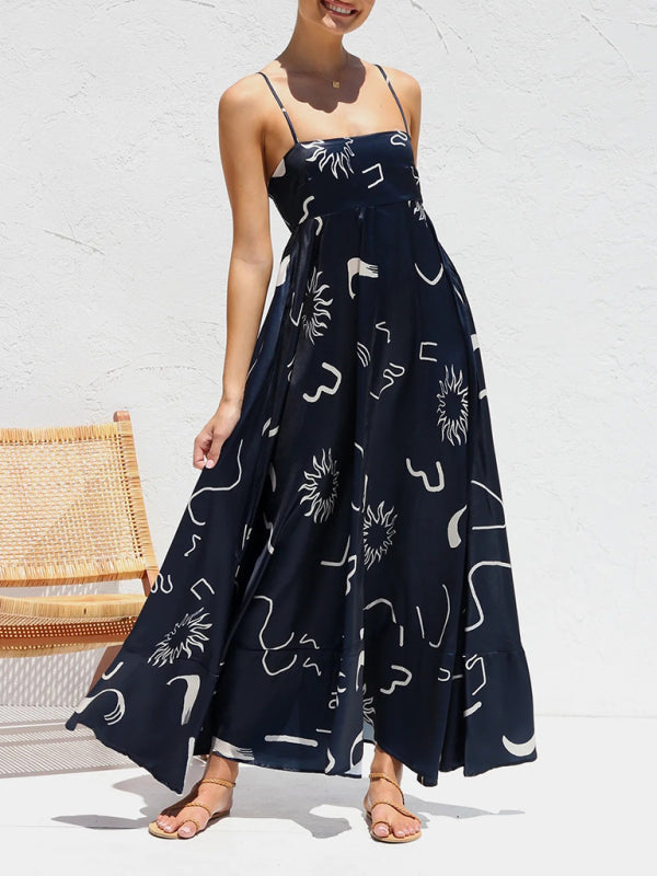 Cami Dresses- Summer Black Print A-Line Cami Maxi Dress- - Pekosa Women Clothing