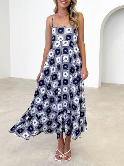 Cami Dresses- Summer Black Print A-Line Cami Maxi Dress- - Pekosa Women Clothing