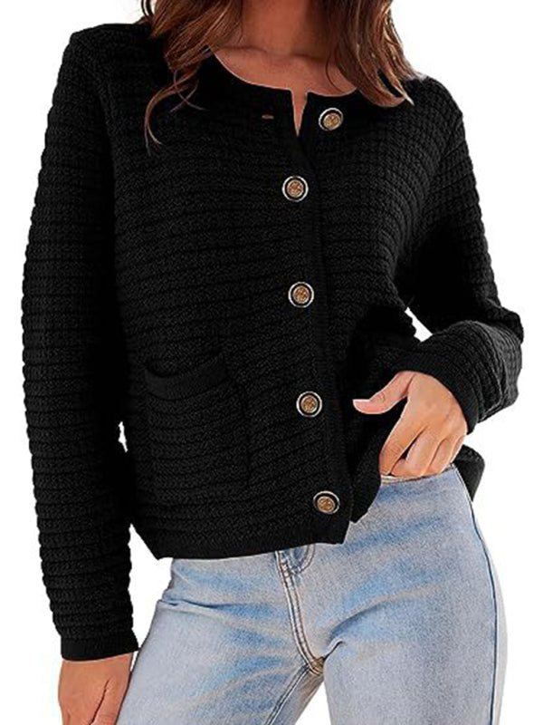 Cardigan sweaters- Everyday Warmth Button-Up Cardigan Sweater for Casual Wear- Black- Pekosa Women Clothing