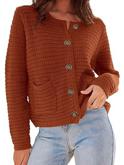 Cardigan sweaters- Everyday Warmth Button-Up Cardigan Sweater for Casual Wear- caramel- Pekosa Women Clothing