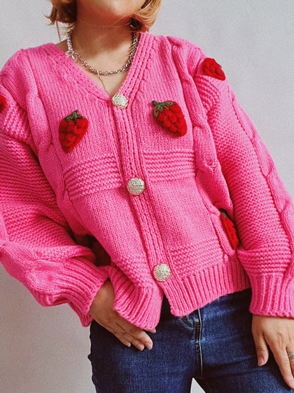 Cardigans- Strawberry Embroidered Cable Knit Button-Up Sweater Cardigan- - IndioGear Clothing and Gear