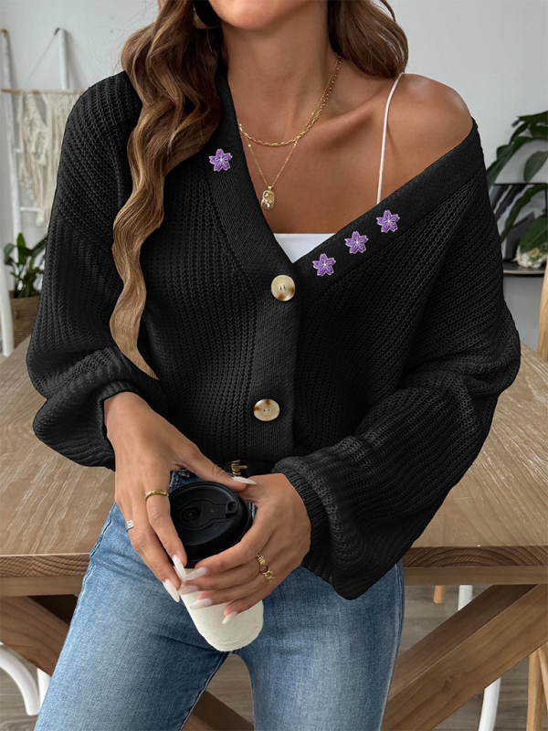 Cardigans- Women’s Button-Up Crop Cardigan | Purple Flower Embroidery Sweater- - IndioGear.com