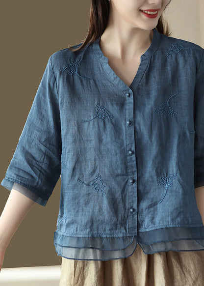 Selah® | Casual Blau V-Ausschnitt Besticktes Solid Ramie Shirt Halbe Ärmel