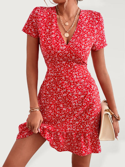 Casual Dresses- Casual Floral Print A-Line Short Sleeve V-Neck Ruffle Mini Dress- - Pekosa Women Clothing