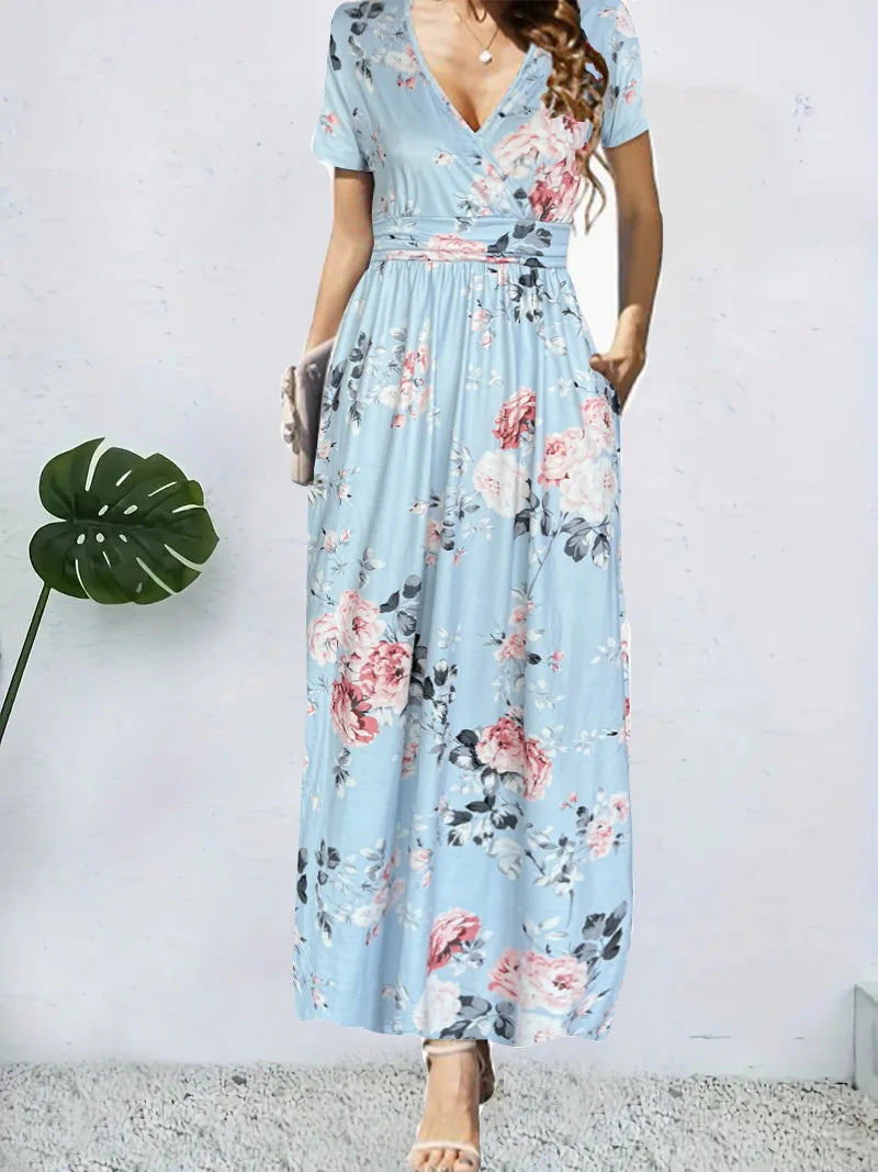 Casual Dresses- Trendy Surplice Floral Midi Dress for Casual Chic- - Pekosa Women Fashion