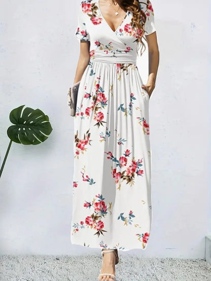 Casual Dresses- Trendy Surplice Floral Midi Dress for Casual Chic- - Pekosa Women Fashion