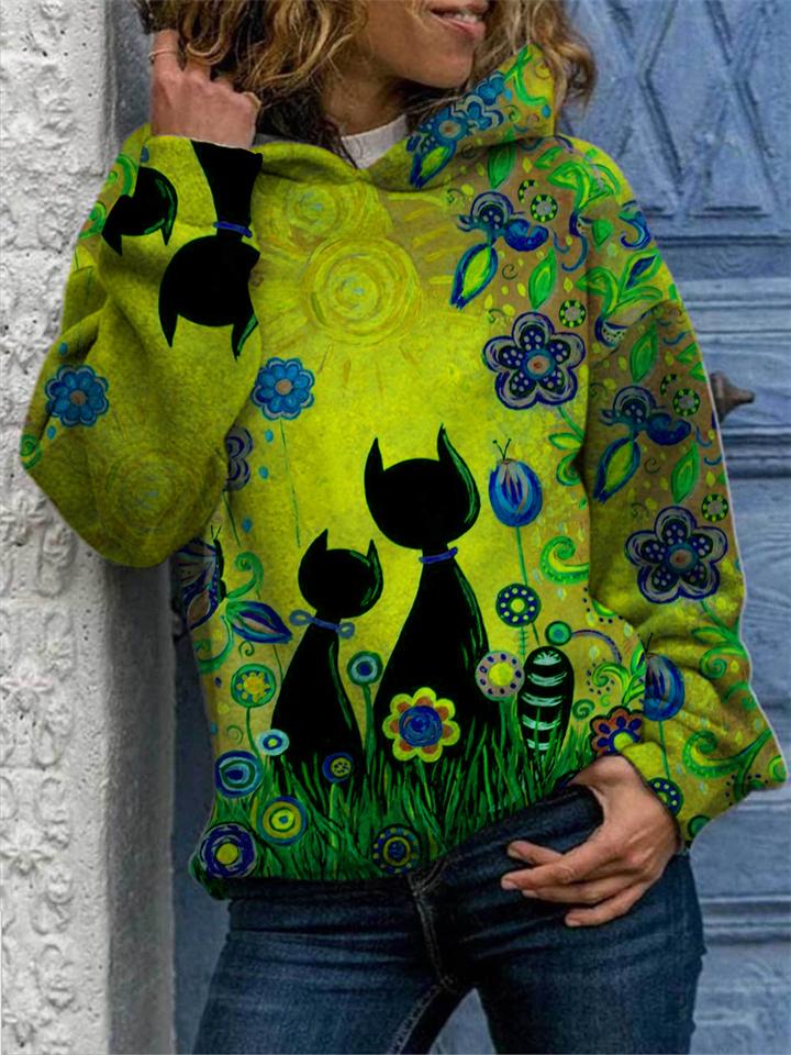 Casual Fit Long Sleeve Cute Cat Printed Hooded Sweatshirt Shopvhs.com