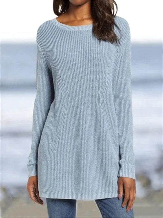 Casual Fit Round Neck Solid Color Ribbed Knit Basic Sweater Shopvhs.com