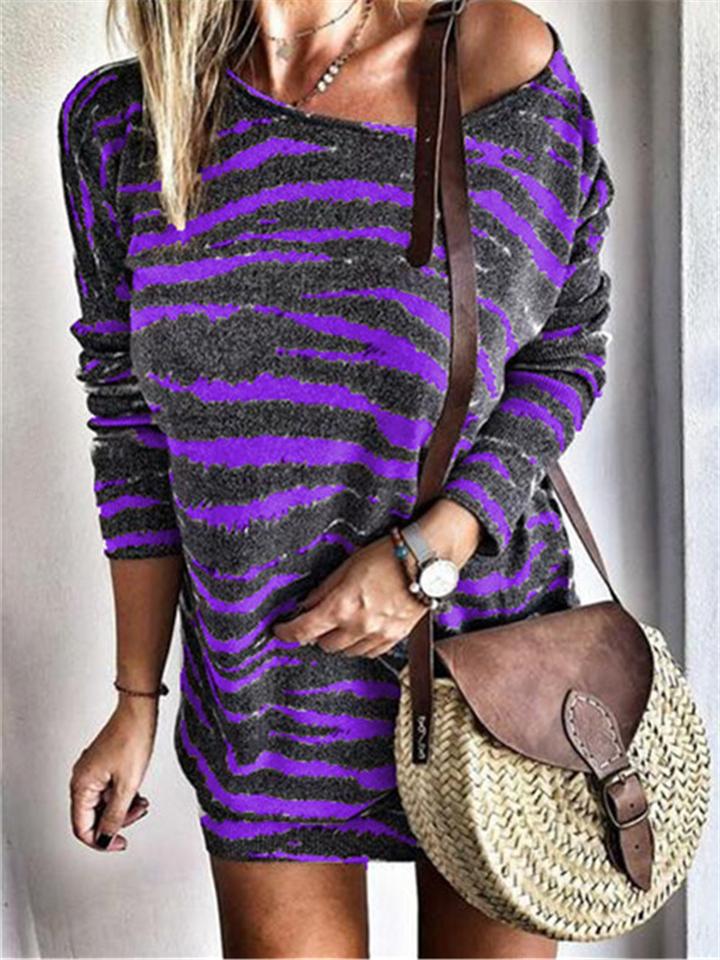 Casual Fit Striped Printed Round Neck Sweater Sheath Dress Shopvhs.com