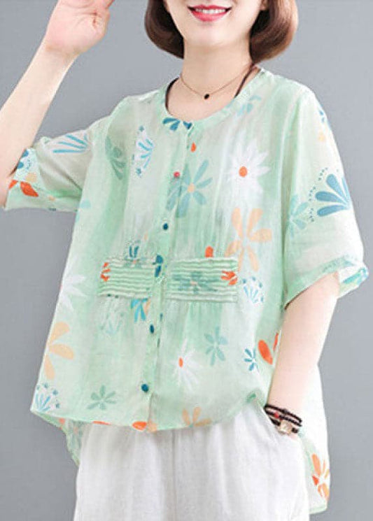 Casual Green O-Neck Button Wrinkled Print Cotton Shirts Half Sleeve gk-HTP220425