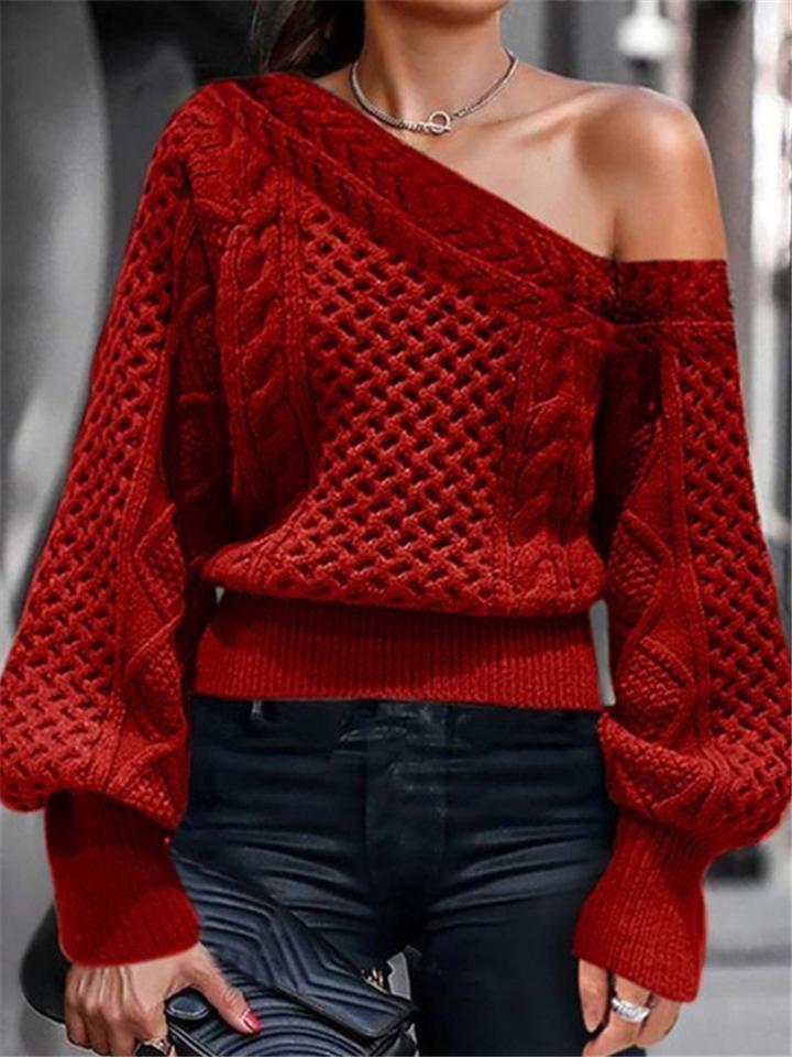 Casual One Shoulder Balloon Sleeve Cable Knitted Pullover Sweater Shopvhs.com