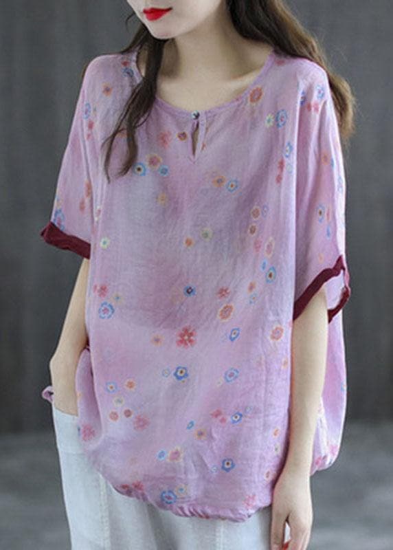 Casual Pink Print Patchwork Summer Linen Shirt Half Sleeve GK-HTP210721