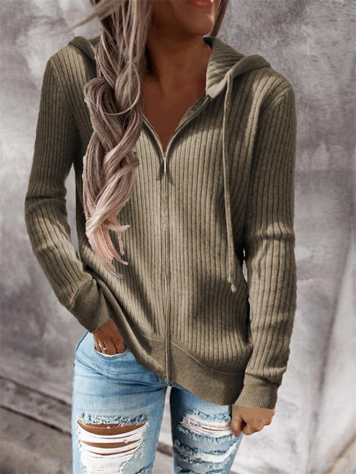 Casual Striped Loose Knit Zipper Hooded Sweater Shopvhs.com