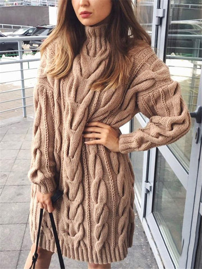 Casual Style High Neck Ribbed Knit Long Sleeve Midi Sweater Shopvhs.com