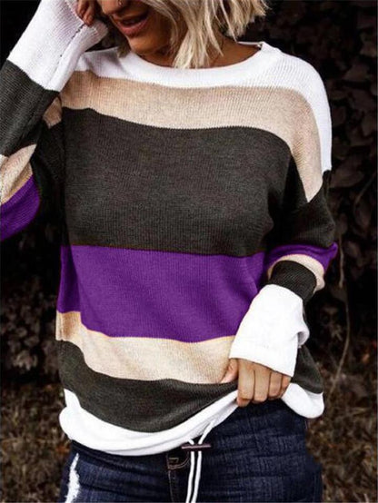 Casual Style Round Neck Contrasting Striped Knitted Sweater Shopvhs.com