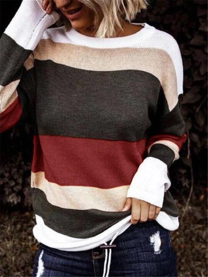 Casual Style Round Neck Contrasting Striped Knitted Sweater Shopvhs.com